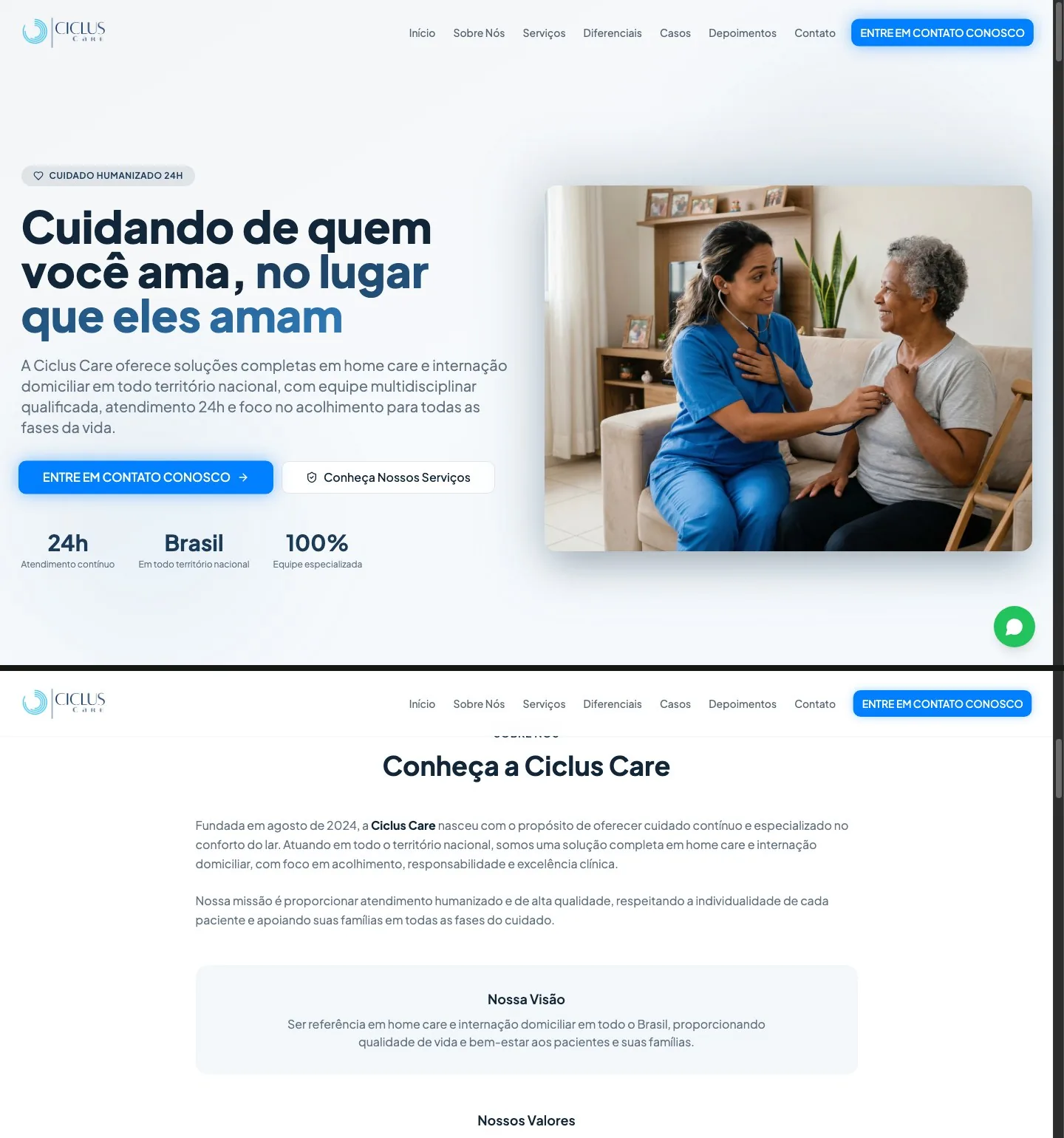 Página inicial da Ciclus Care seguida pela seção sobre a empresa