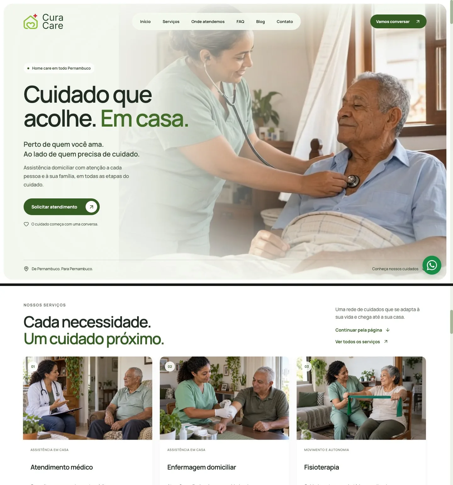 Página inicial da Cura Care seguida pela seção de serviços