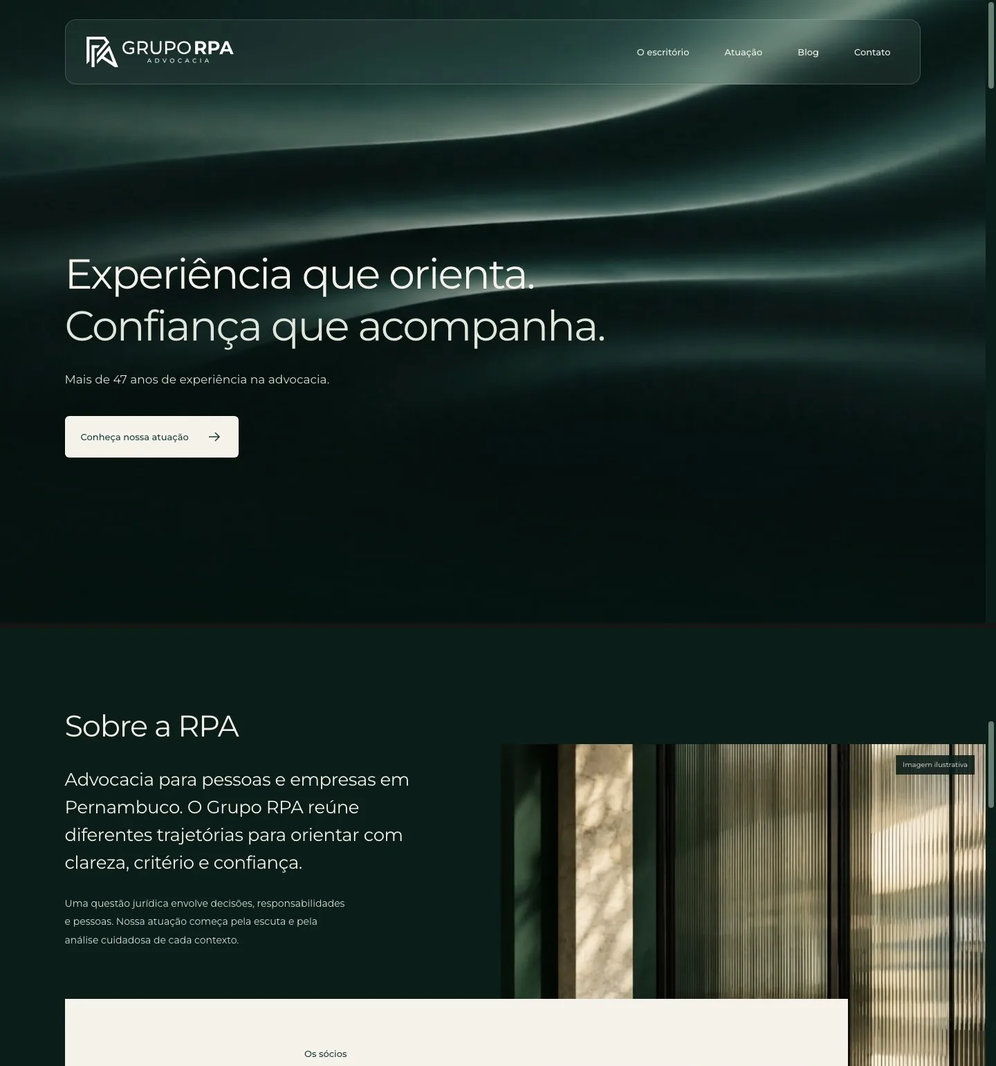 Página inicial do Grupo RPA seguida pela seção sobre o escritório