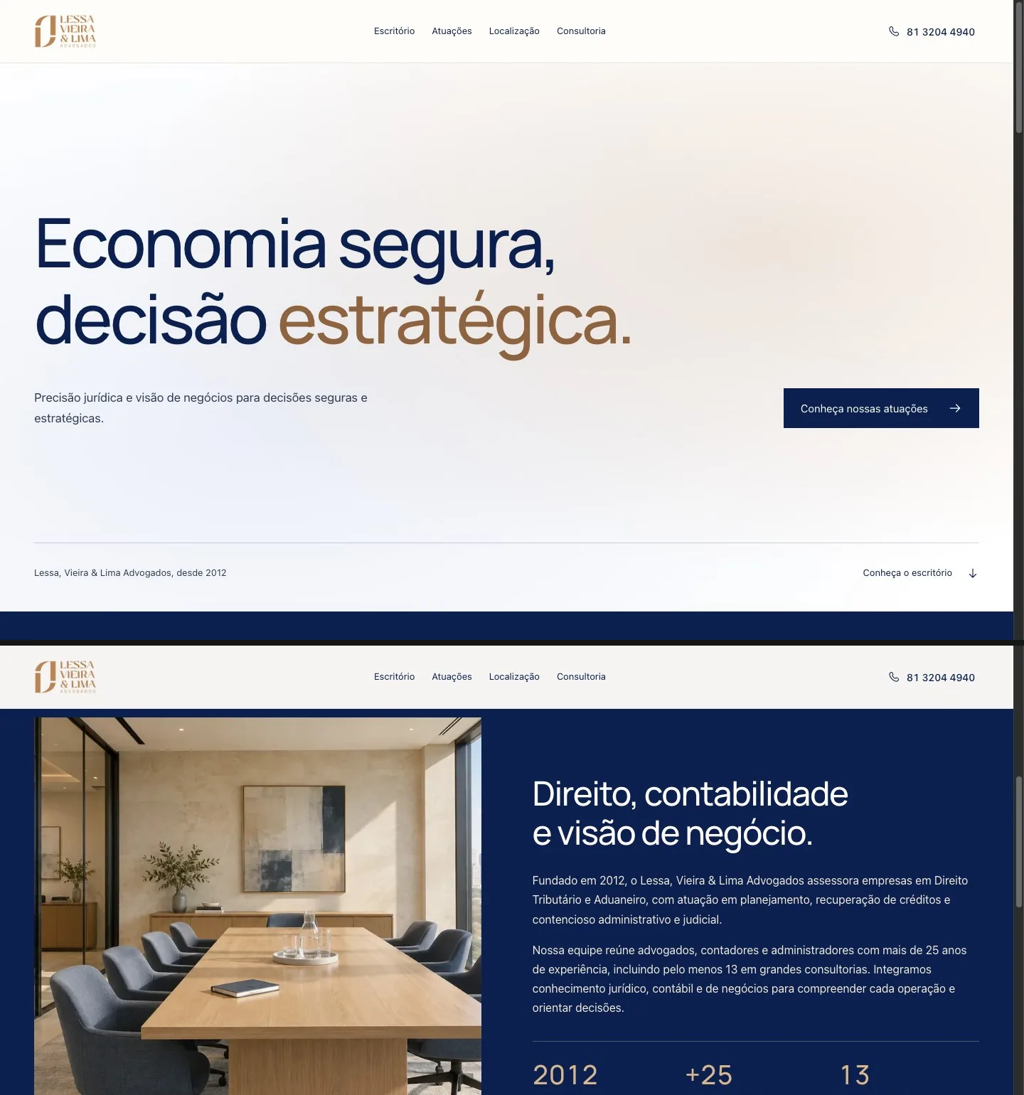 Página inicial de Lessa Vieira & Lima seguida pela seção do escritório