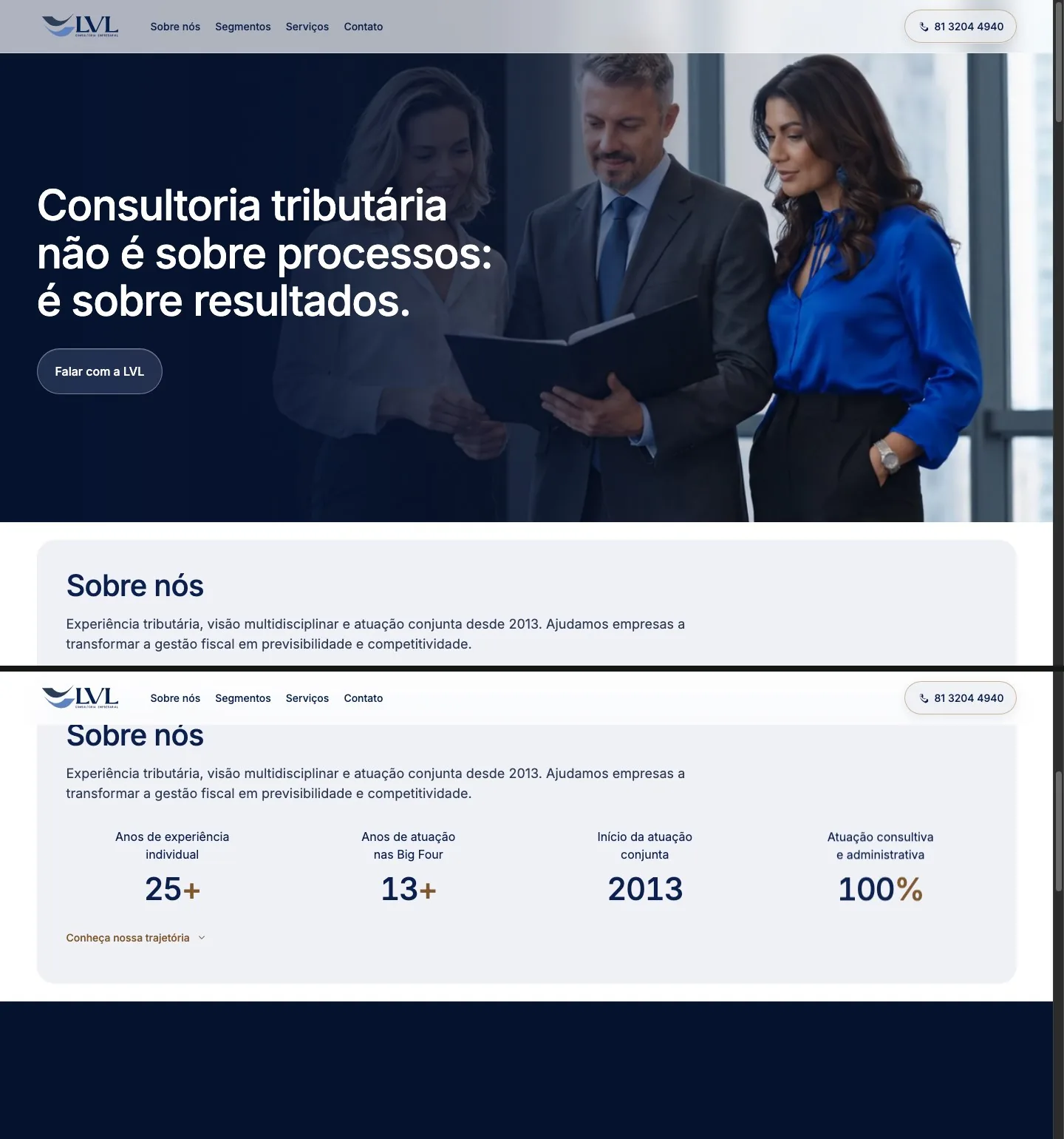 Página inicial da LVL Consultoria seguida pela seção sobre a empresa