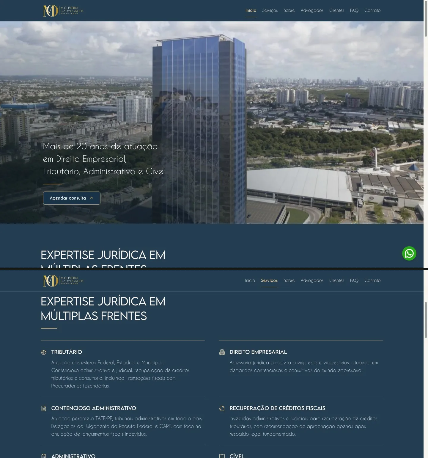 Página inicial de M. Oliveira & Advogados seguida pela seção de serviços
