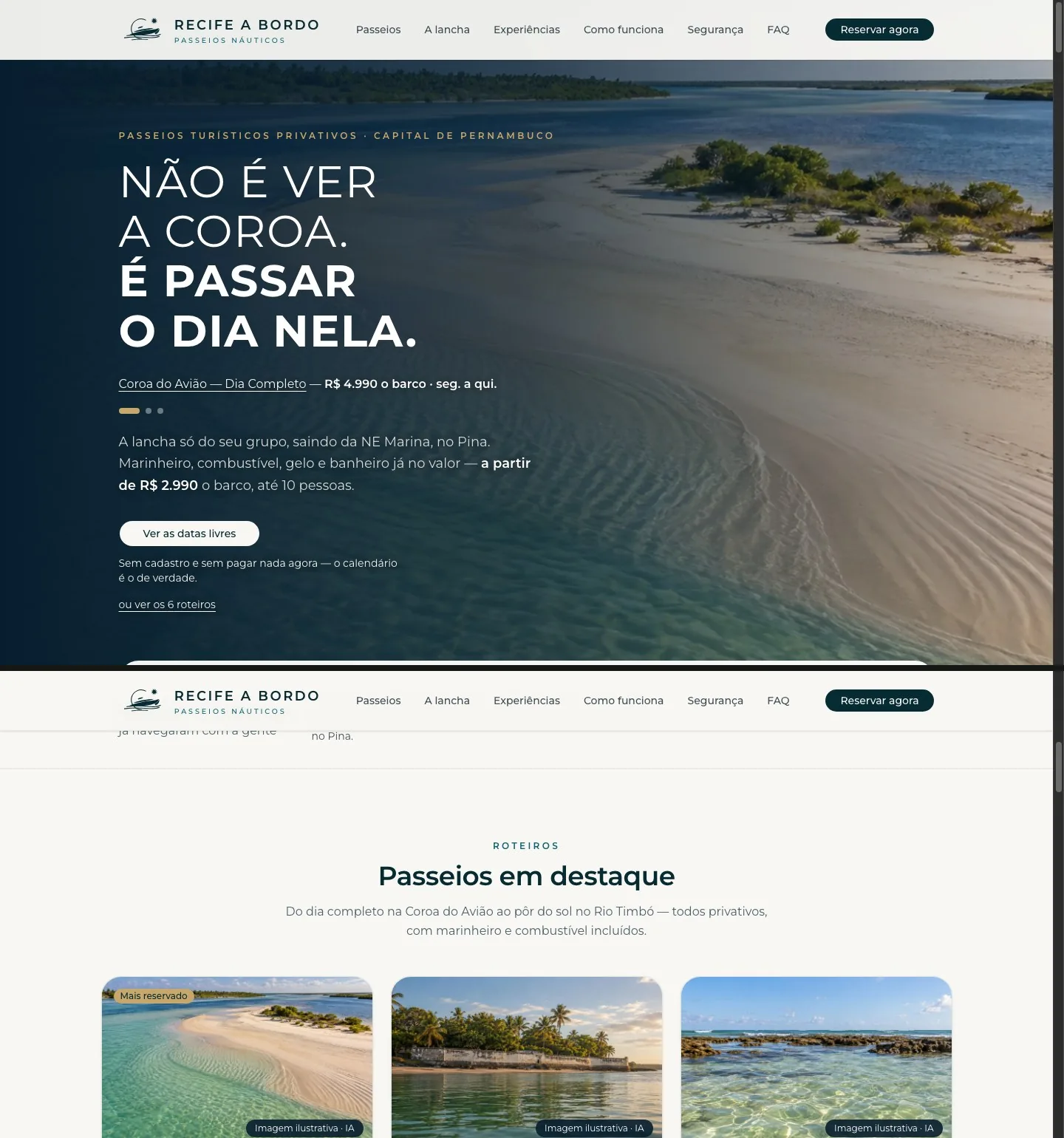Página inicial da Recife a Bordo seguida pela seção de passeios em destaque