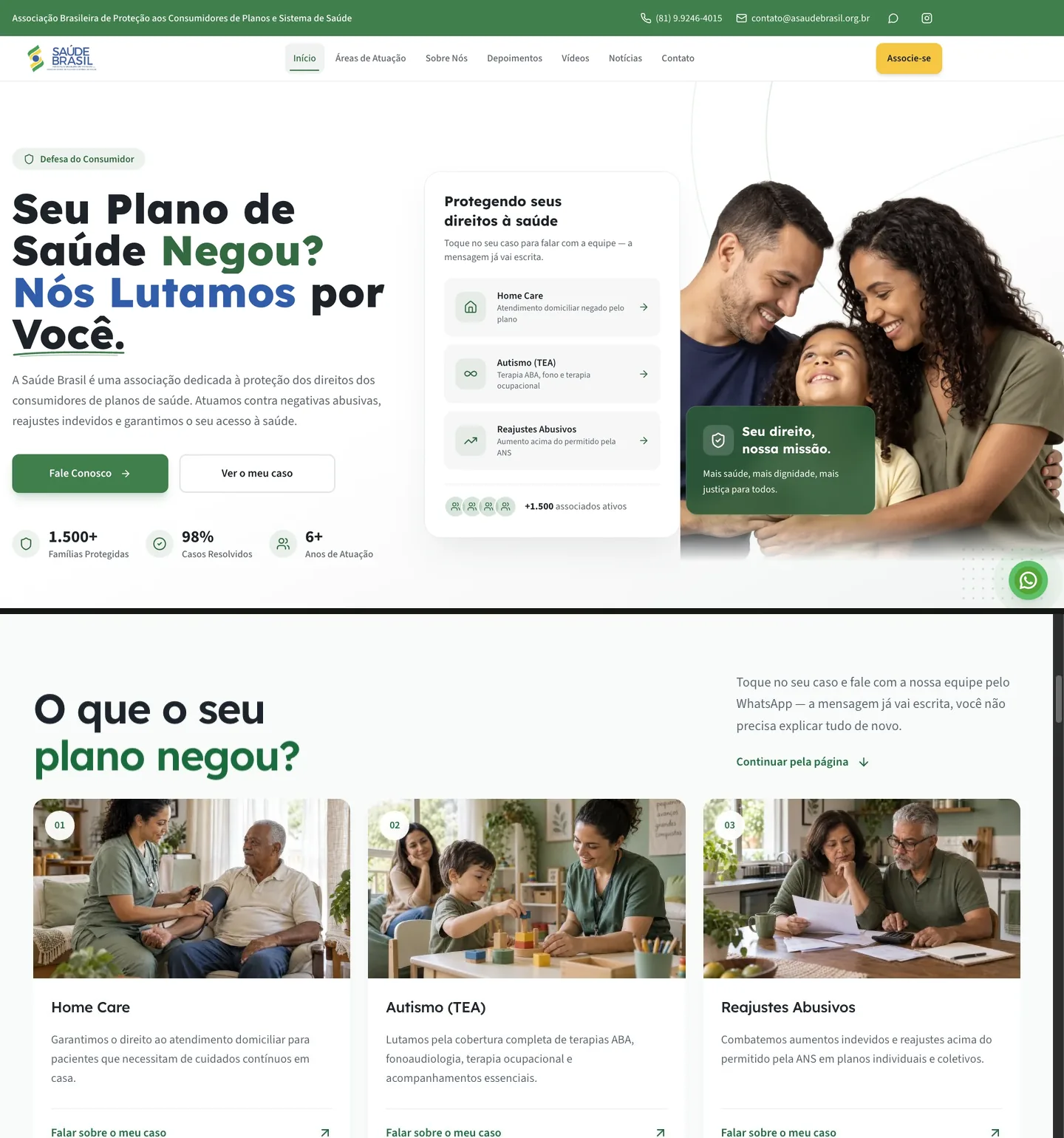 Página da Saúde Brasil enviada por você, seguida pela seção de casos de planos de saúde