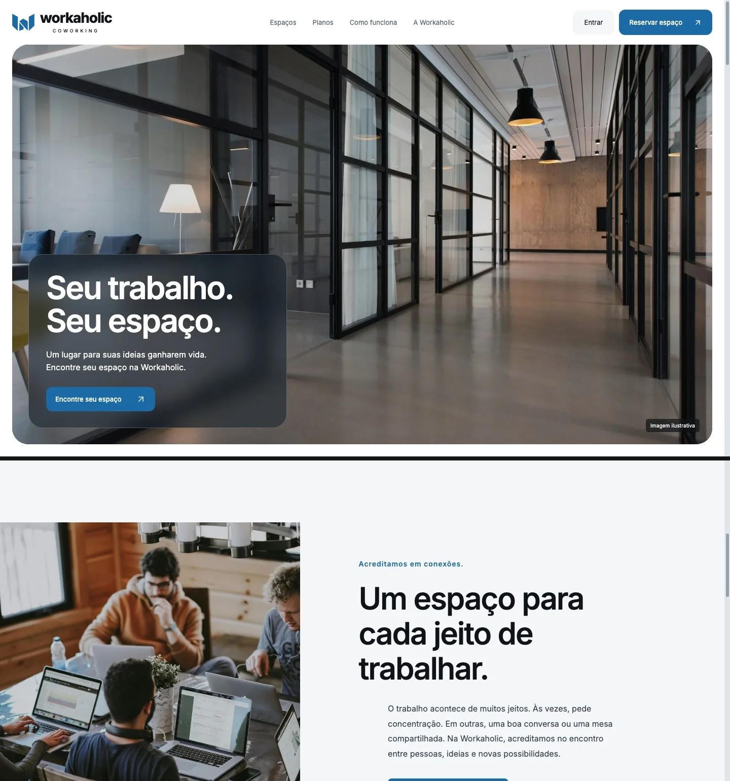 Página inicial da Workaholic Coworking seguida pela seção de espaços de trabalho